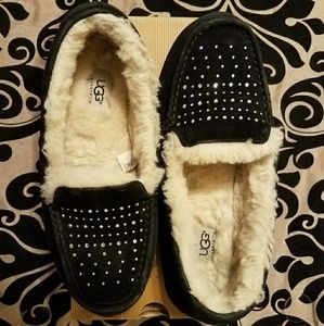 Black UGG moccasins with rhinestones